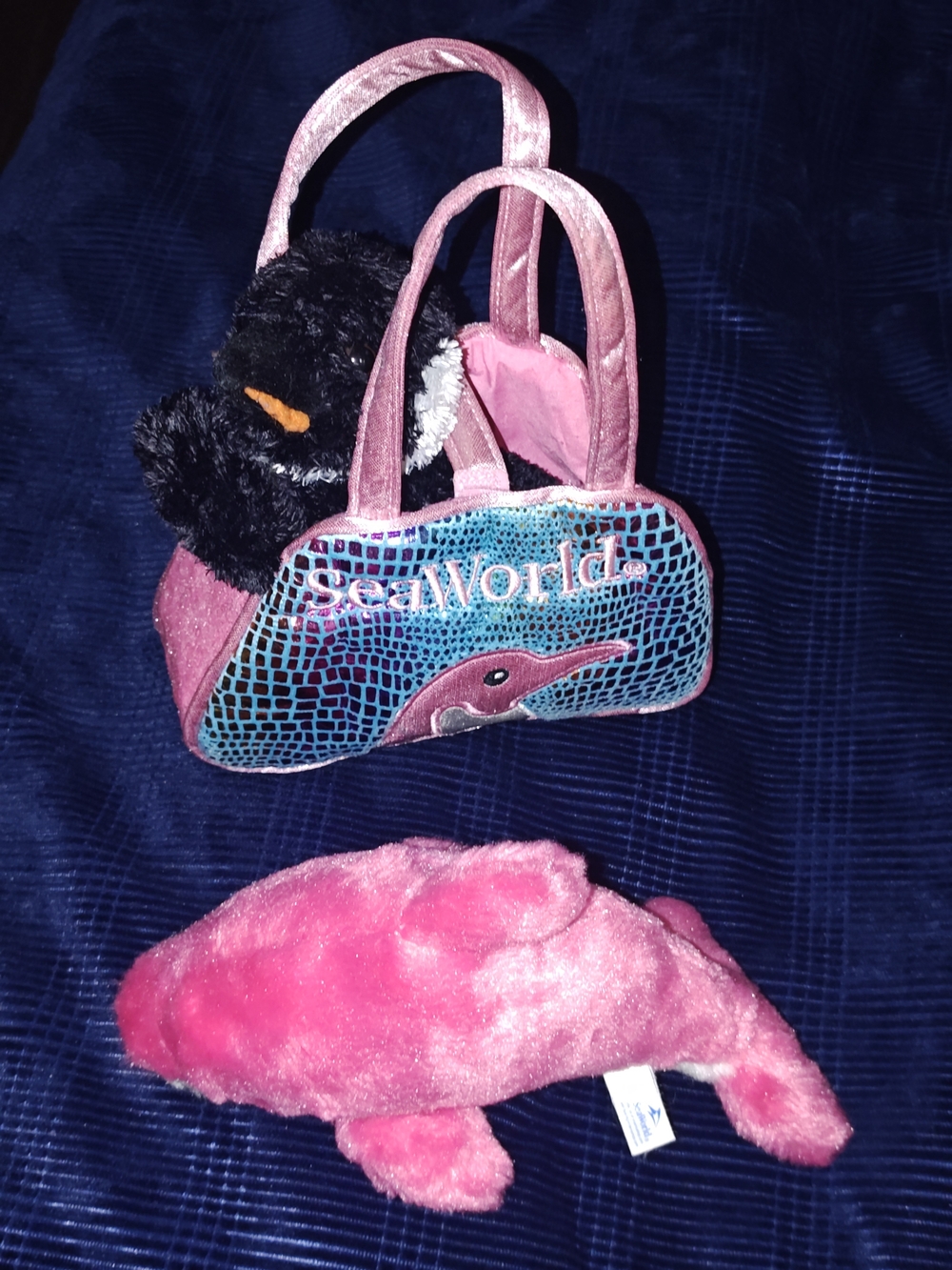 SeaWorld Penguin Plush and purse & Pink Dolphin Plush